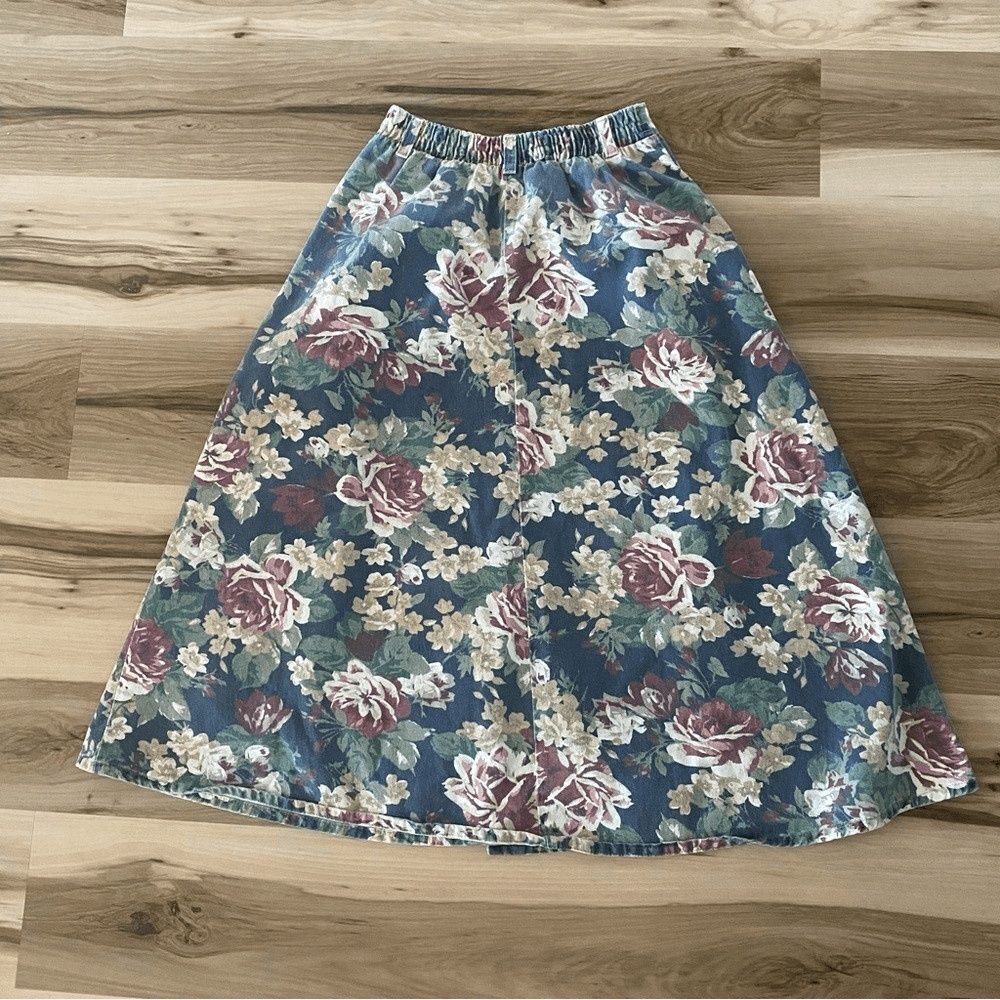 Vintage Vivaldi Jeanswear Floral Midi Length Denim Button up Skirt - Picture 4 of 9
